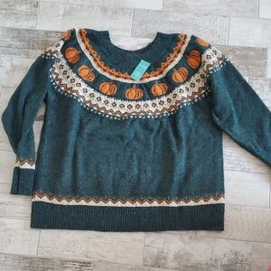 Maurices Teal Green and Orange Pumpkin Fall Knit Sweater Women's 1X